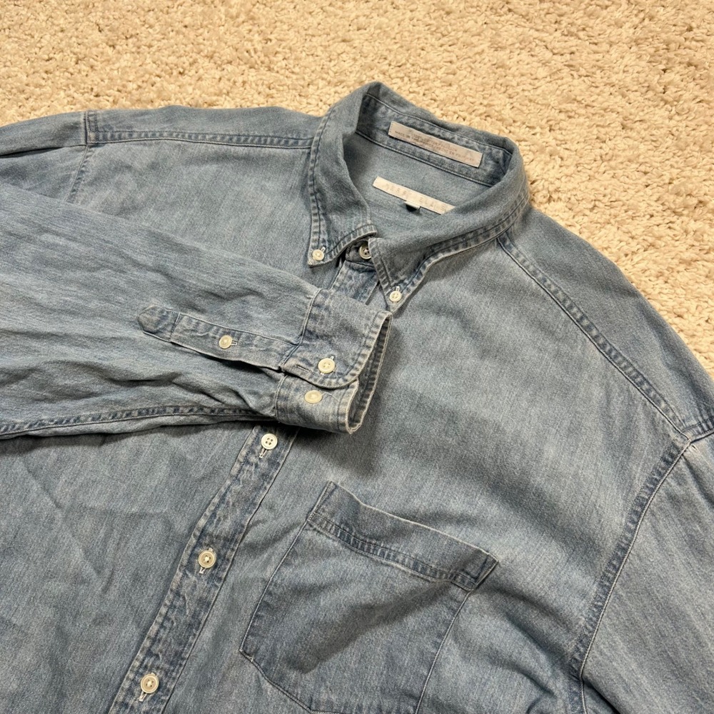 Vintage Perry Ellis Denim Shirt Large Long Sleeve Cotton Button Down Chambray